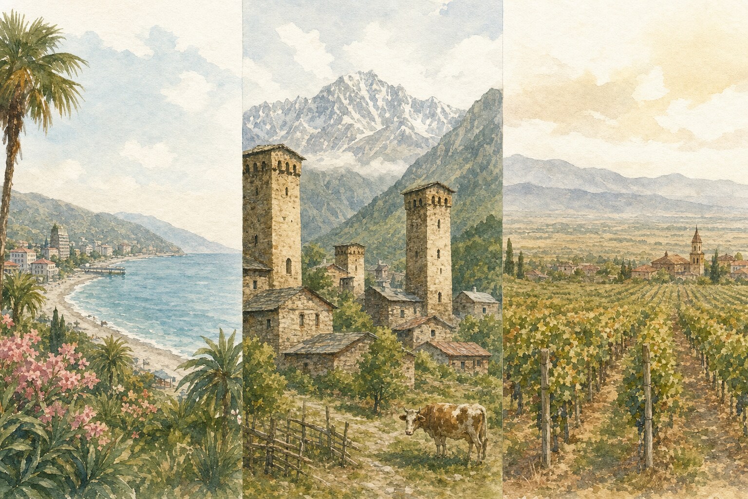 Georgian landscapes from west to east: the Black Sea coast, Svaneti stone towers, and Kakheti vineyards, the regions Georgian last names point to