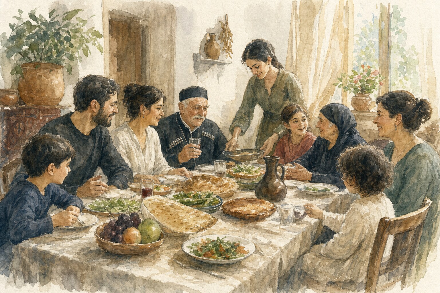 A multi-generation Georgian family around a long table, the kind of family a Georgian last name carries forward