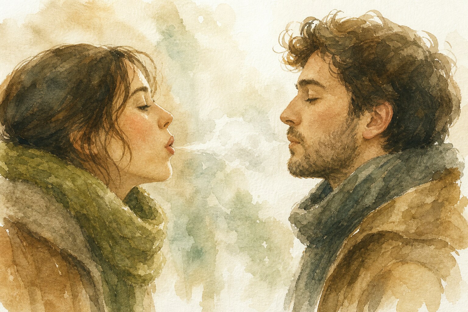 Watercolor of two faces in profile, one releasing a soft puff of breath and one holding a tight-lipped pop, illustrating aspirated versus ejective Georgian pronunciation
