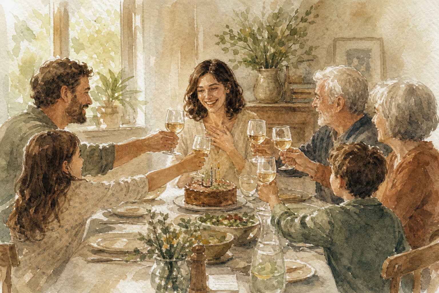 Family raising glasses to say happy birthday in Georgian at a supra table, watercolor