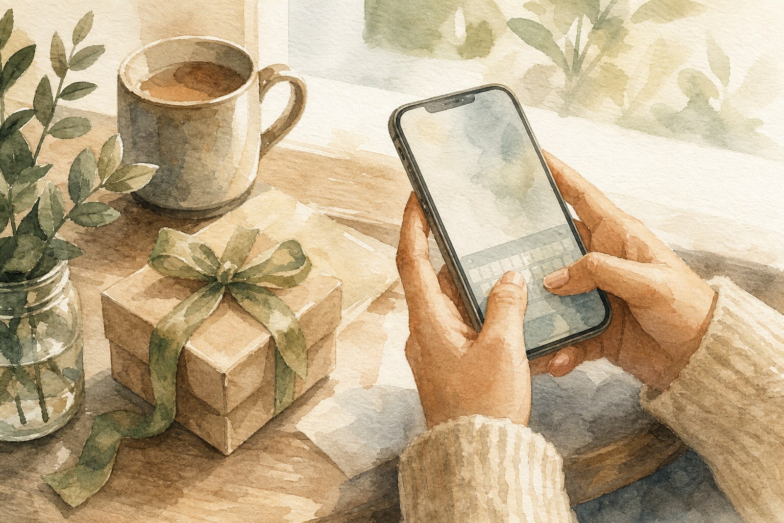 Typing a happy birthday message in Georgian on a phone, watercolor