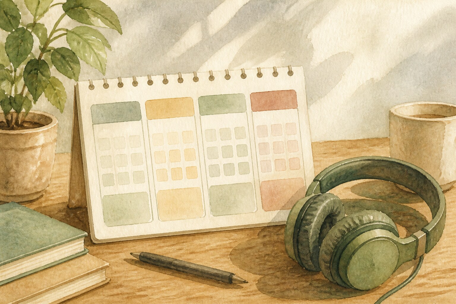 A four-week plan to learn Georgian for free, sketched as a calendar with headphones