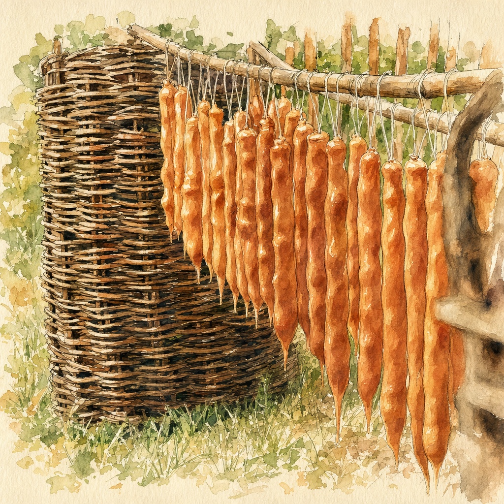 Churchkhela, walnuts on string dipped in thickened grape juice, drying in rows on a wooden frame in a Kakhetian courtyard