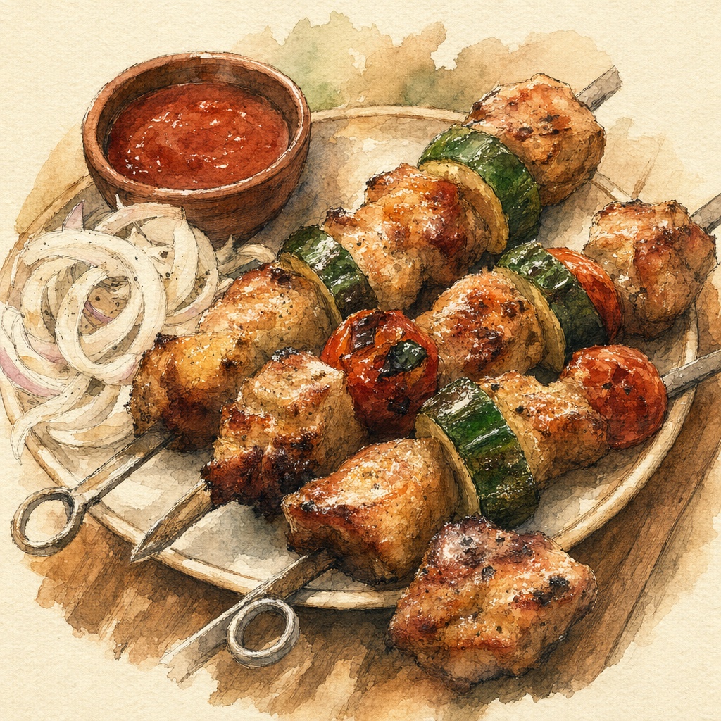 Mtsvadi, Georgian grilled meat skewers with sliced raw onion and a bowl of red tkemali sauce on a wooden board