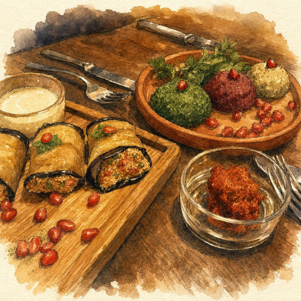 Georgian cold starters: pkhali in three colors (green spinach, red beetroot, off-white bean) and badrijani aubergine rolls topped with pomegranate seeds