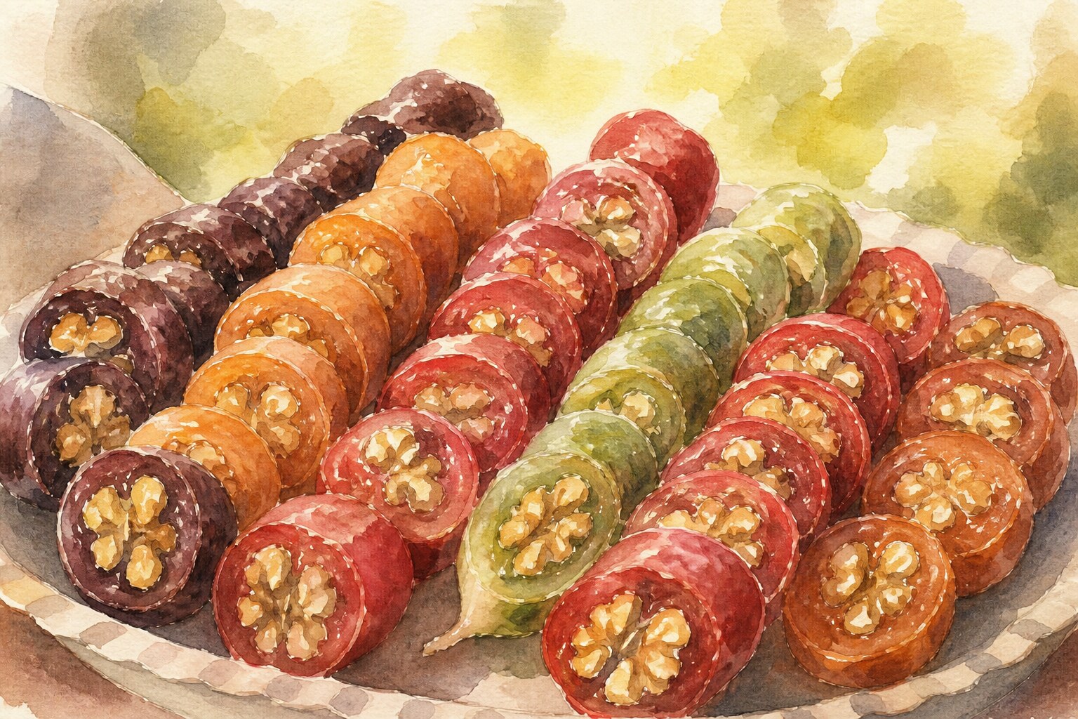 Churchkhela sliced into rounds, walnut halves visible inside the dark grape casing