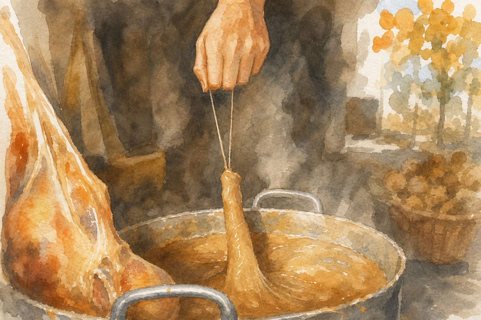Strings of threaded walnuts being dipped into a pot of tatara to make churchkhela