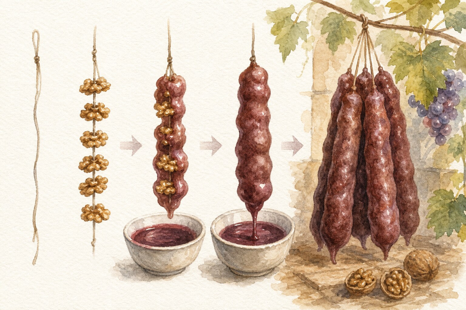 Diagram of churchkhela layers: the string, threaded walnut halves, and built-up coats of thickened grape must