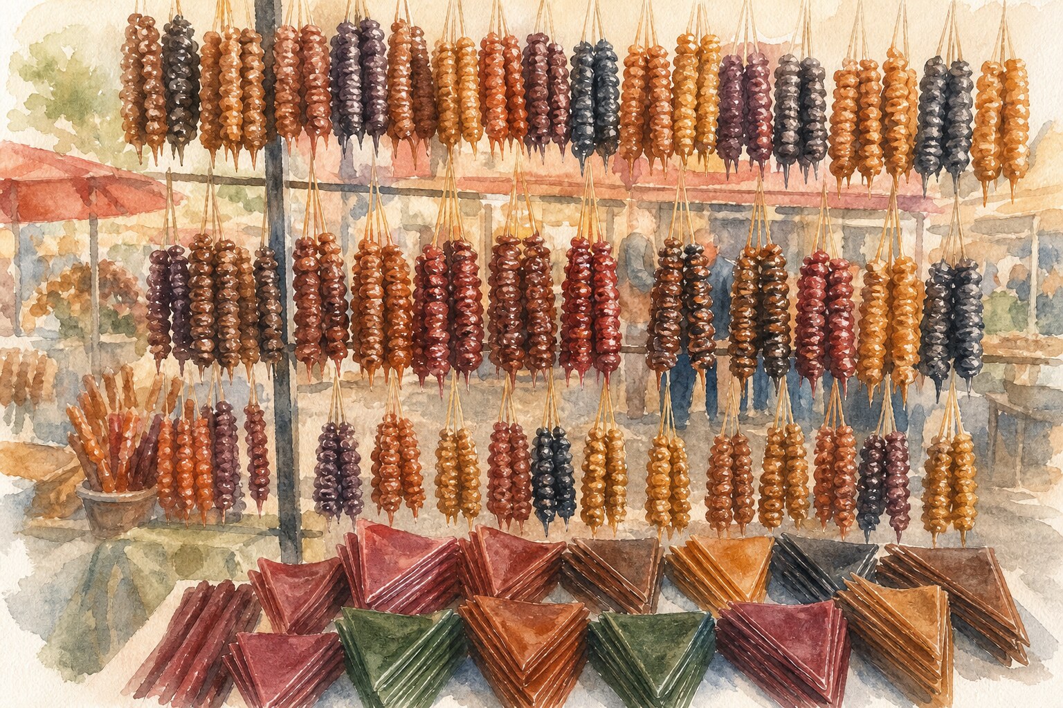 Wall of colorful churchkhela strings hanging at a Tbilisi market stall