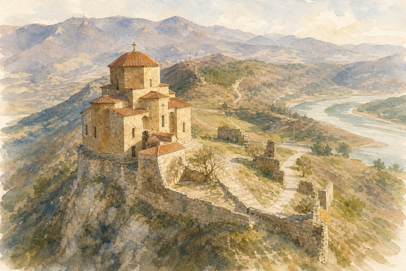 Jvari monastery above Mtskheta at the river confluence, the ancient capital of Kartli, the region behind the name Sakartvelo