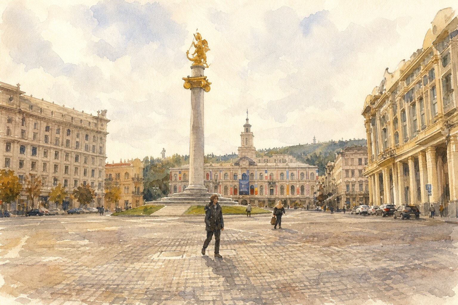 The gilded Saint George monument on Freedom Square in Tbilisi, the saint behind the folk story of why Georgia is called Georgia