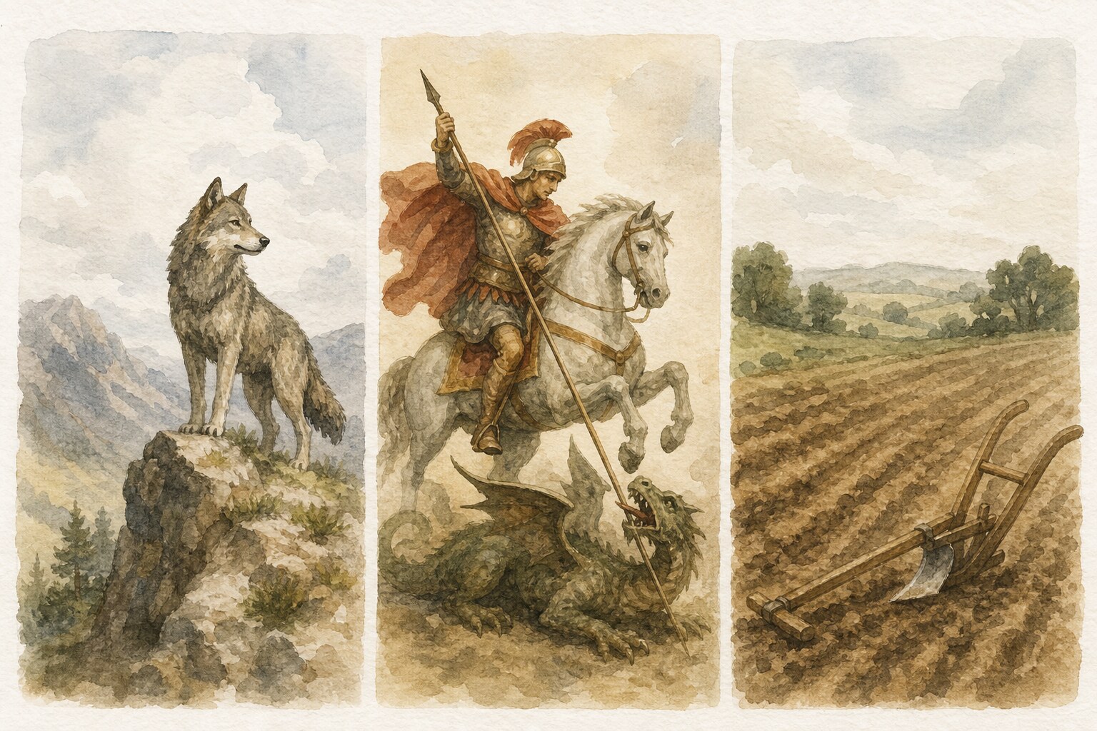 Watercolor triptych of a wolf on a ridge, Saint George on horseback, and a plowed field, the three theories for why Georgia is called Georgia