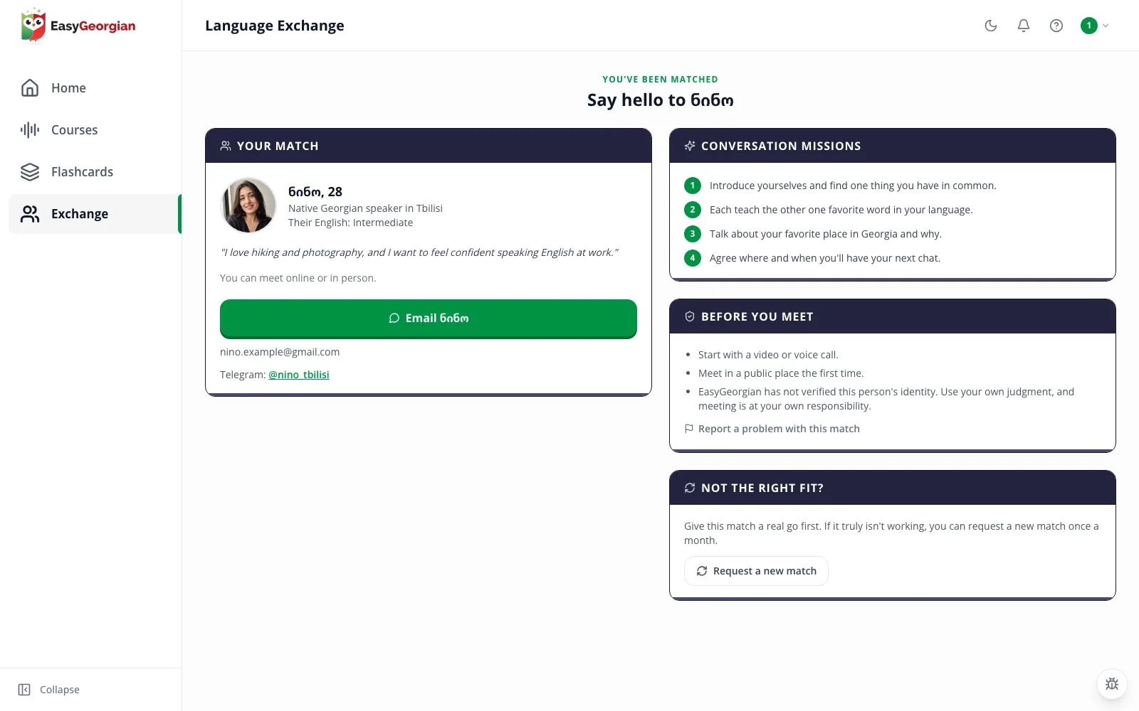 A Language Exchange match in the EasyGeorgian web app