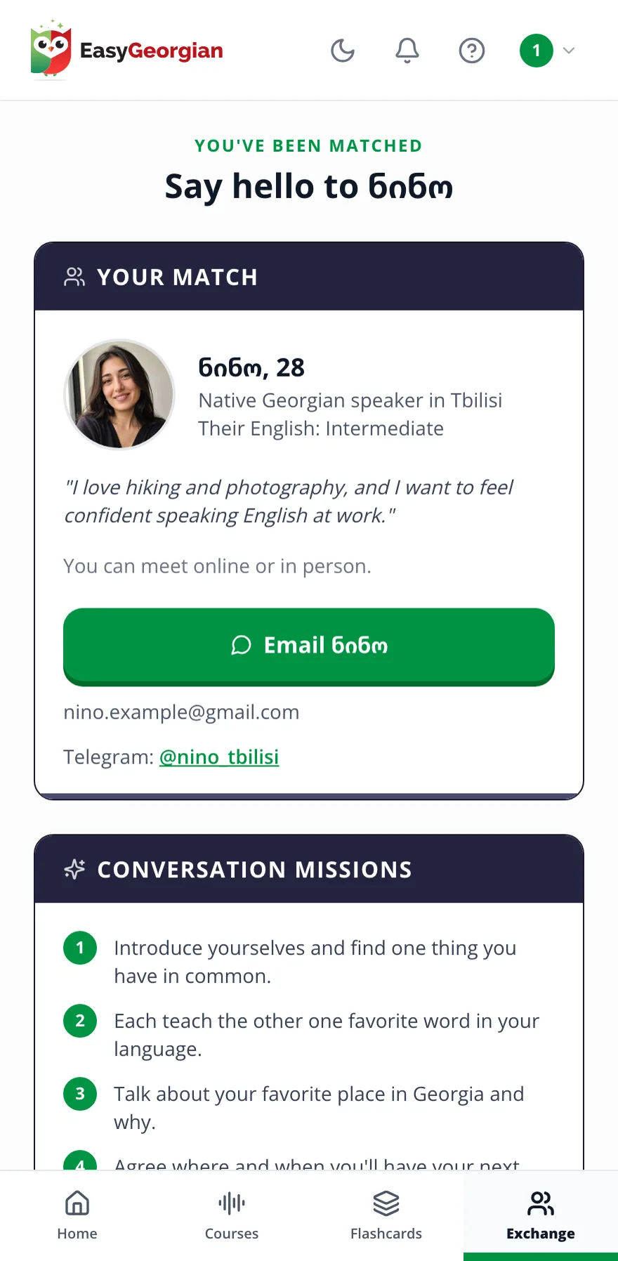 A Language Exchange match in the EasyGeorgian app