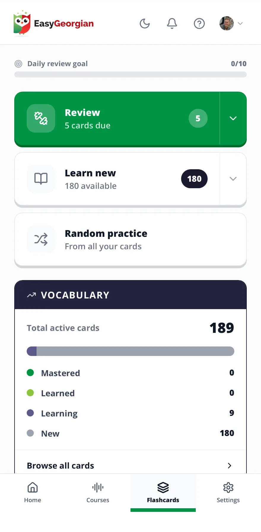 The EasyGeorgian flashcard dashboard