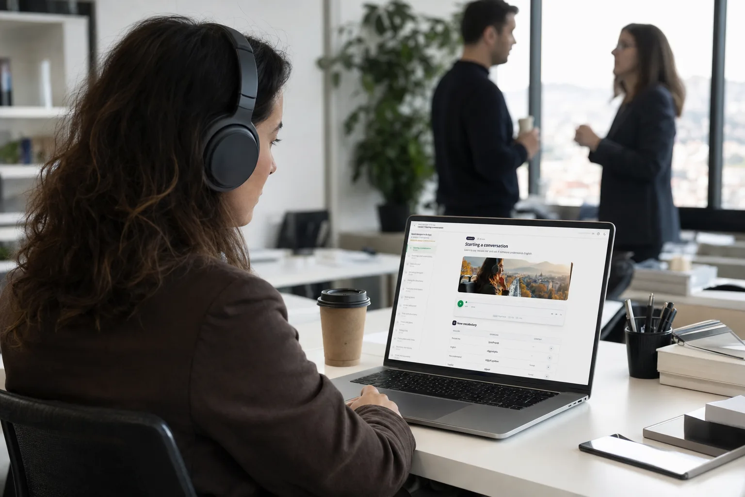 A team member at her desk with headphones on, working through an EasyGeorgian audio lesson on her laptop
