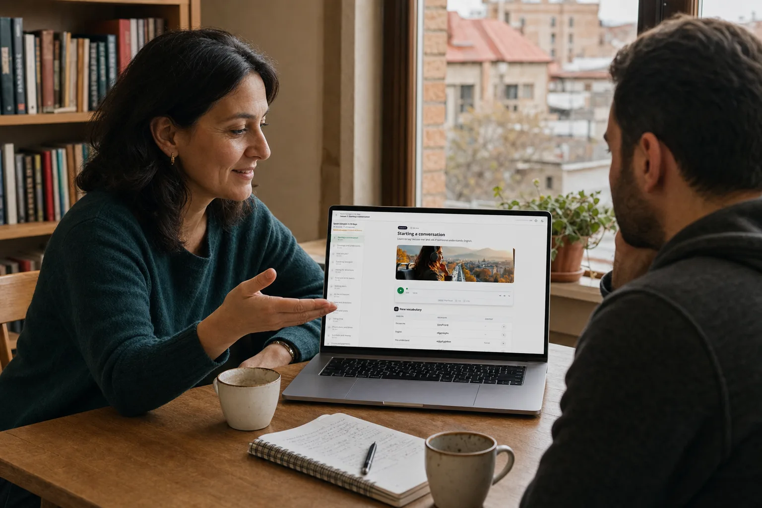 A Georgian teacher showing the EasyGeorgian audio course to her student on a laptop