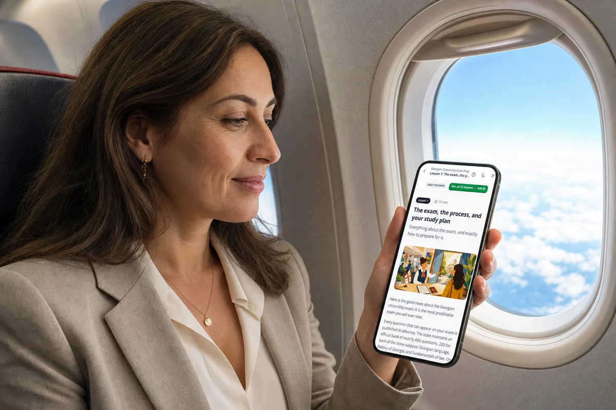 A learner on a plane listening to an EasyGeorgian lesson on her phone