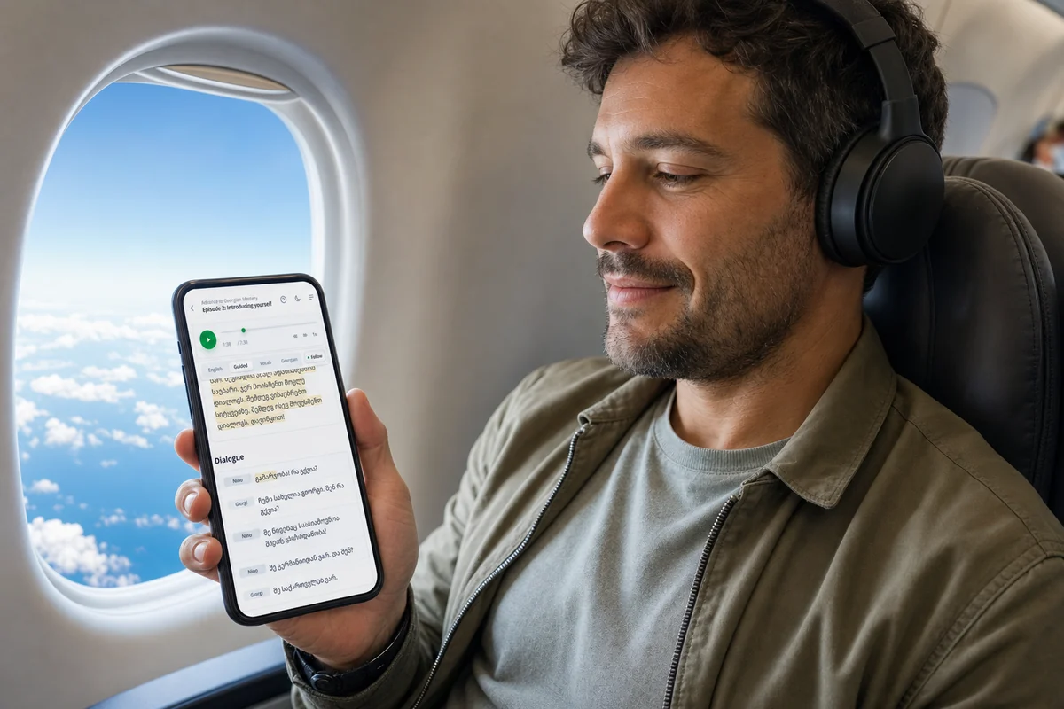 A learner on a plane listening to an EasyGeorgian lesson on her phone