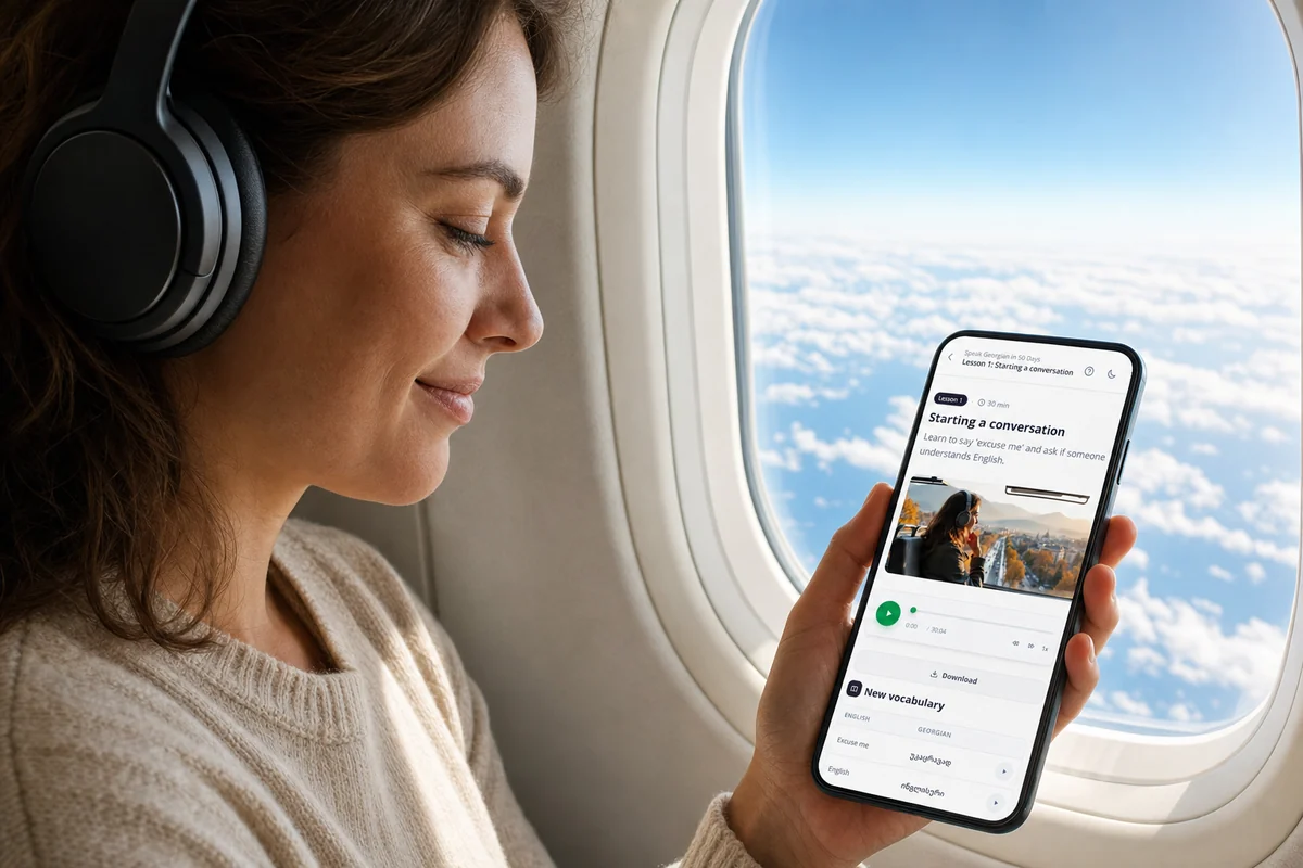A learner on a plane listening to an EasyGeorgian lesson on her phone